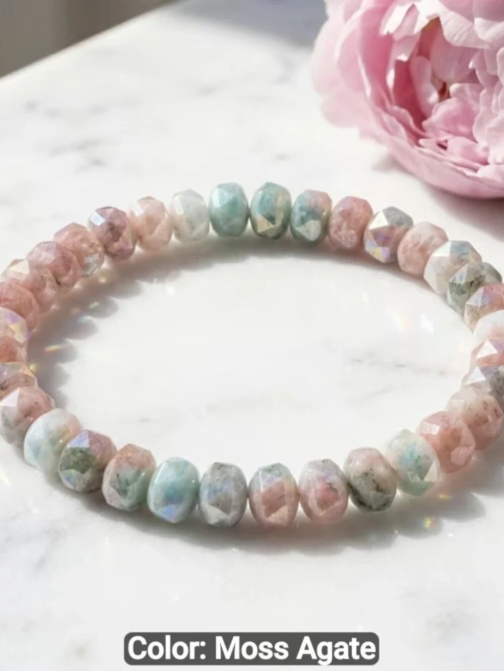 🩷💜NEW🩷💜 PRETTY!! Faceted MOSS AGATE With MOONSTONE Mix Stretch Bracelet